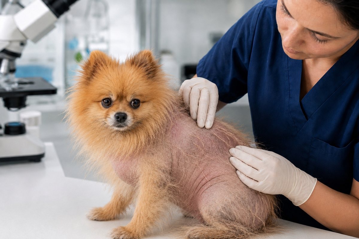 A veterinarian examining the skin and coat of a Pomeranian with hair loss